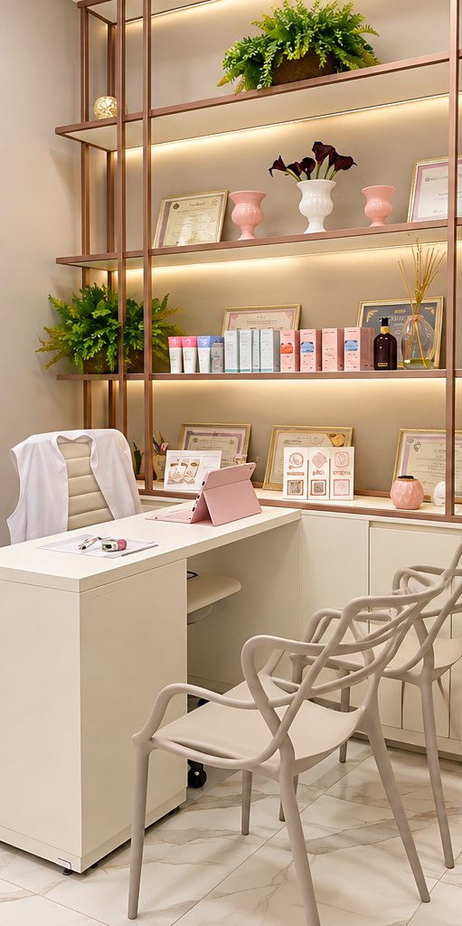 Consultório com mesa de atendimento, cadeiras e estante iluminada